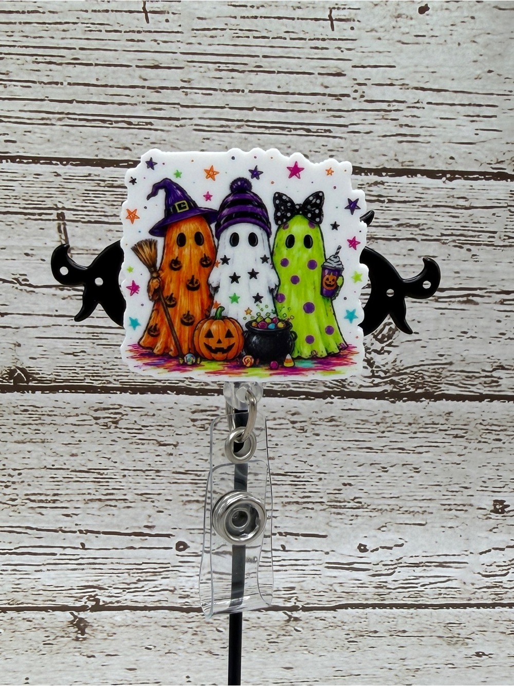 Halloween Ghost Trio Badge Reel - Orange White Green